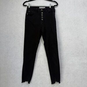 TNR Jeans Womens 25 Black High Rise Skinny Jeans Button Fly Distressed Hem Pants